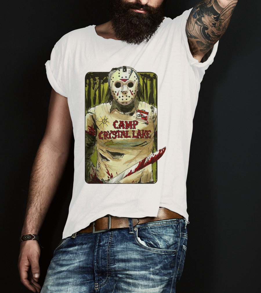 Jason Camp Crystal Lake Horror Mask Blood Stained Machete T-Shirt