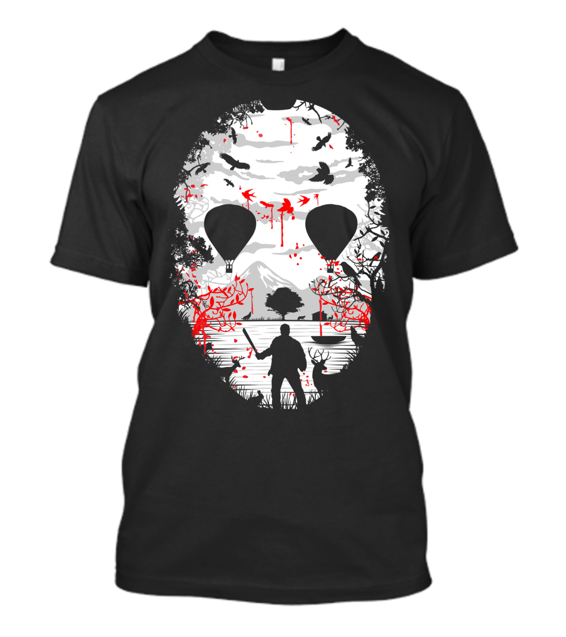Jason Voorhees Camp Crystal Lake Mask Silhouette Counselor Scene T-Shirt