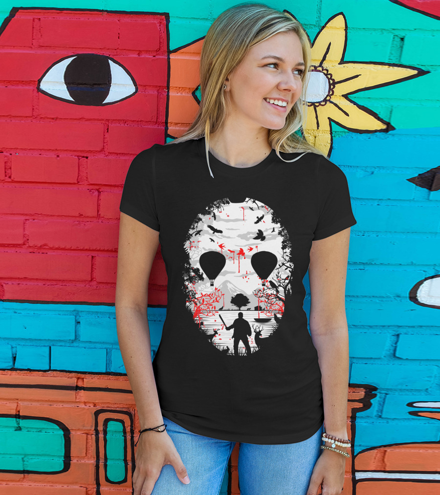 Jason Voorhees Camp Crystal Lake Mask Silhouette Counselor Scene T-Shirt