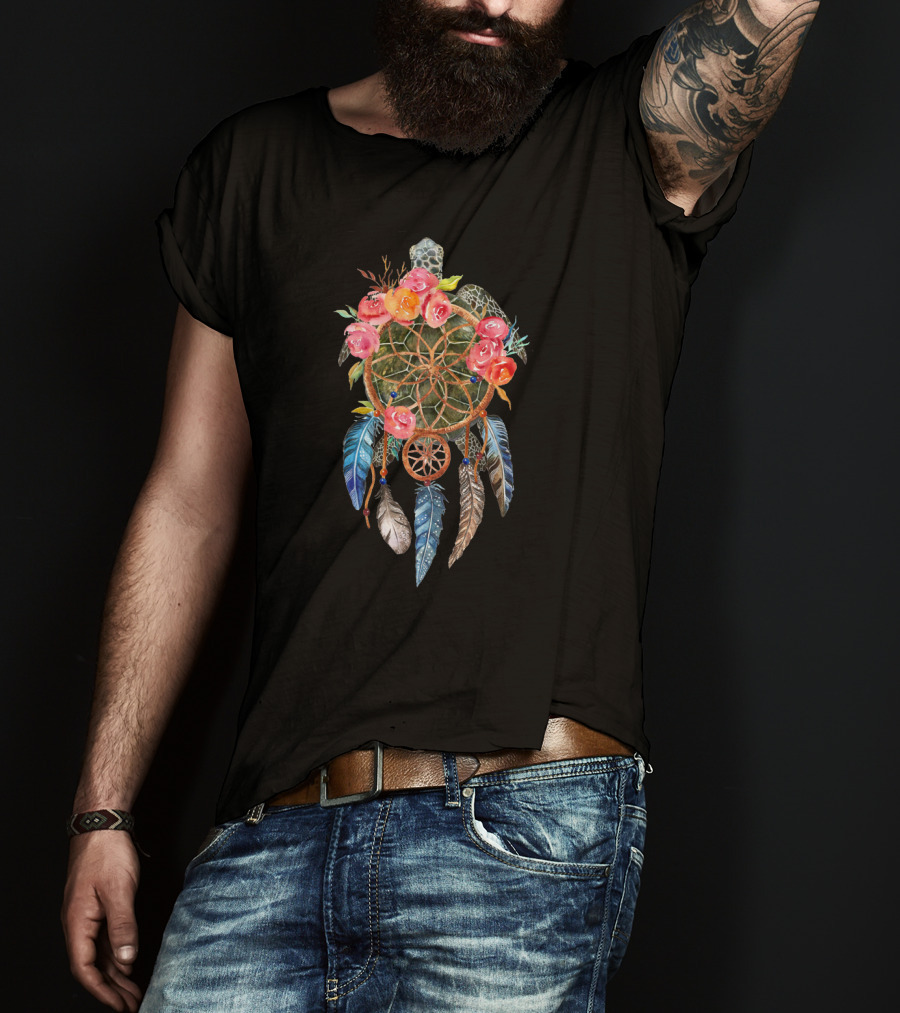 Turtle Dream With Floral Dreamcatcher And Feathers T-Shirt