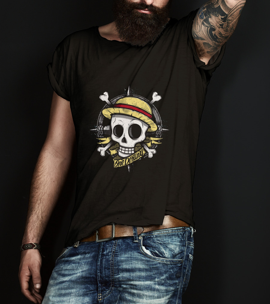 One Destiny Skull Straw Hat Pirate Star Compass T-Shirt