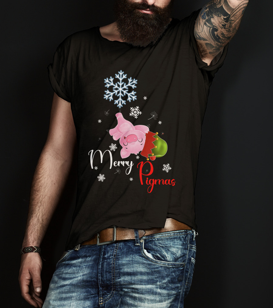 Merry Pigmas Pig Hanging From Snowflake With Santa Hat And Snowflakes T-Shirt