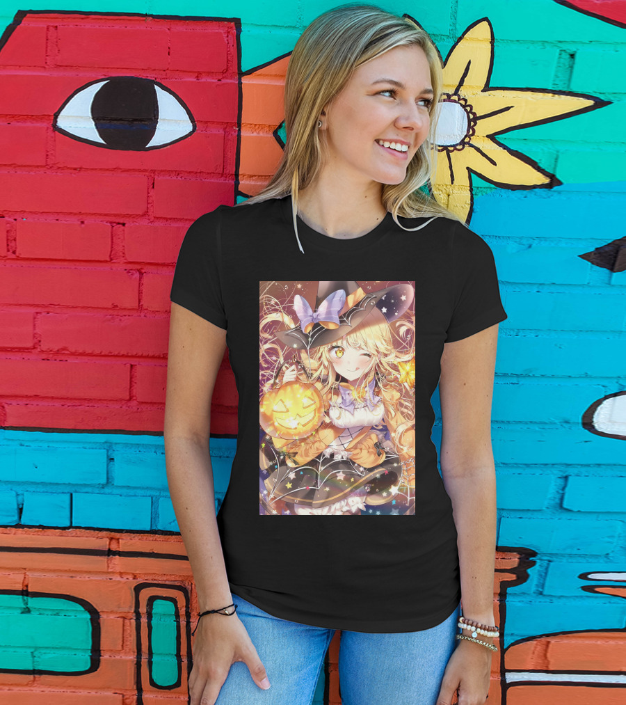 Anime Halloween Witch Girl With Pumpkin Lantern And Stars T-Shirt