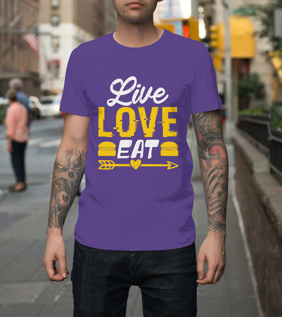 Live Love Eat with Burgers and Heart Arrow on Red T-Shirt