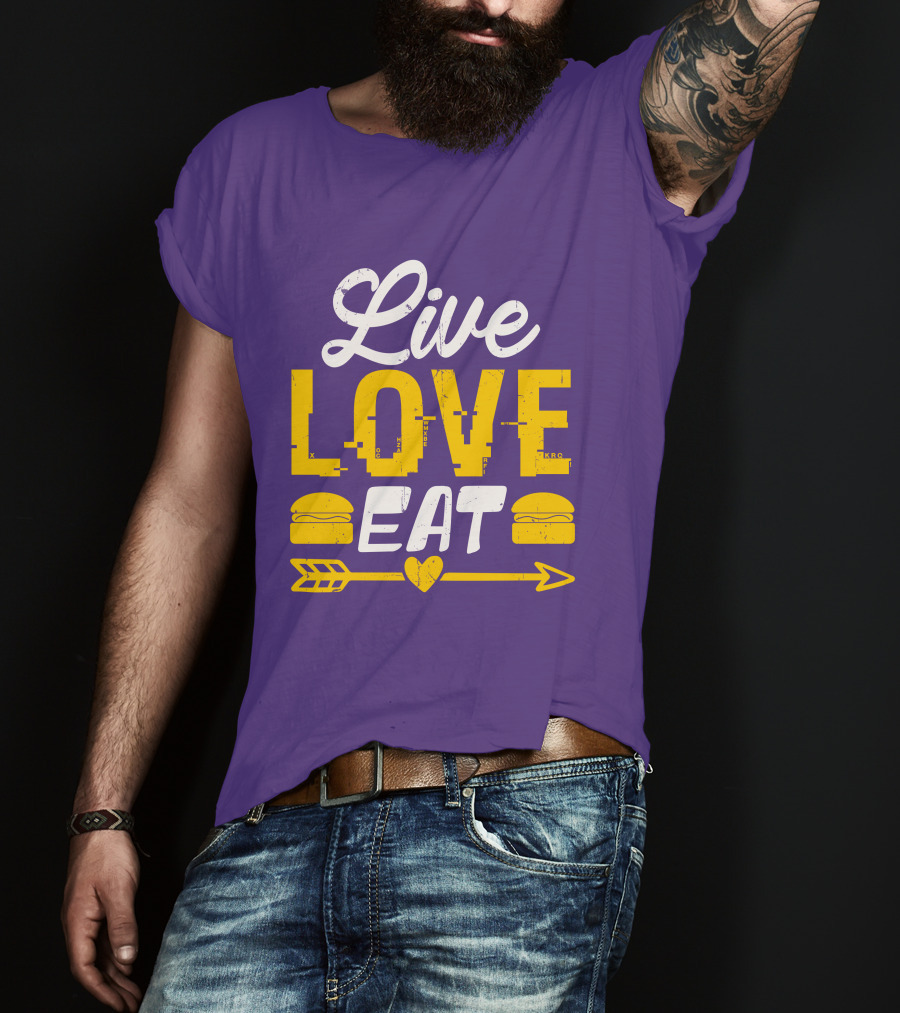 Live Love Eat With Burgers And Heart Arrow On Red T-Shirt