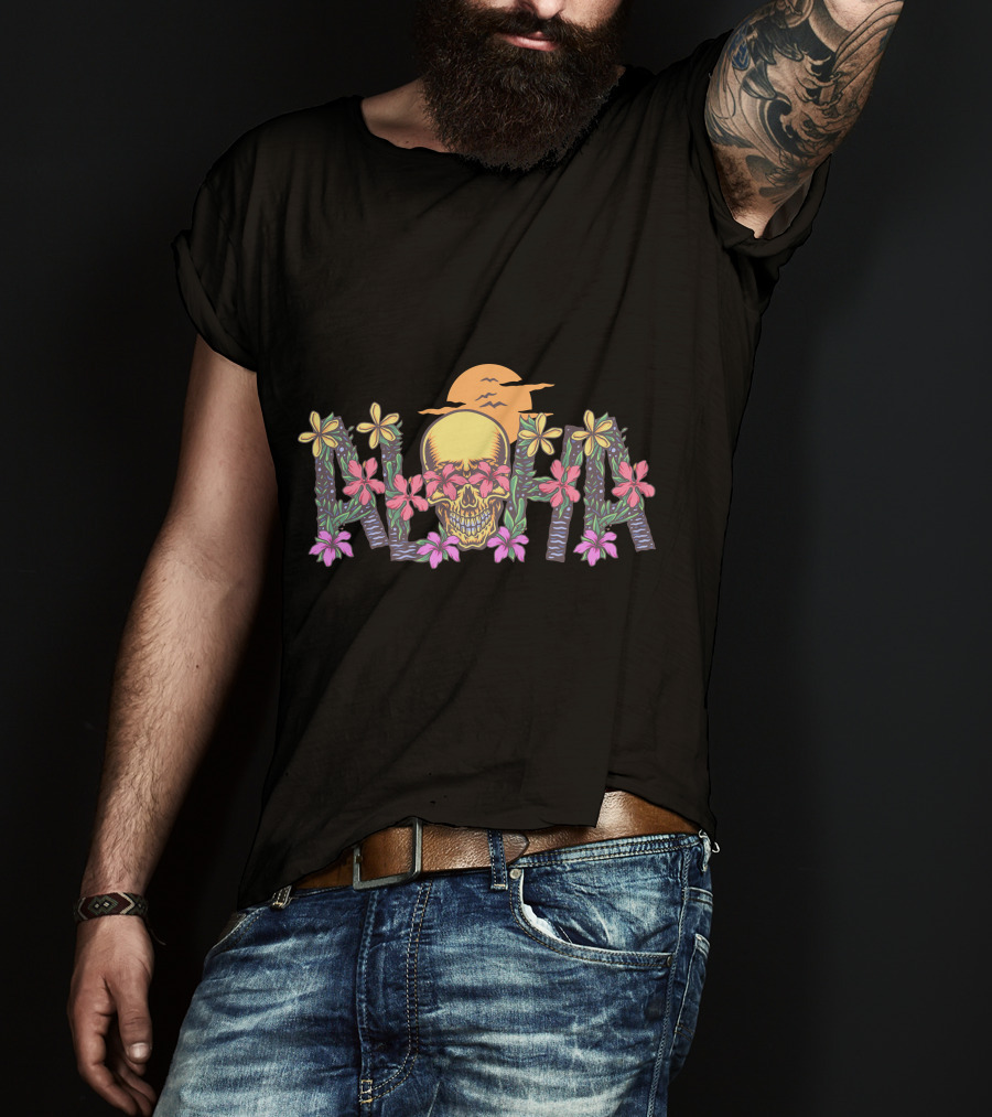 Aloha Skull Hawaii Floral Sunset T-Shirt
