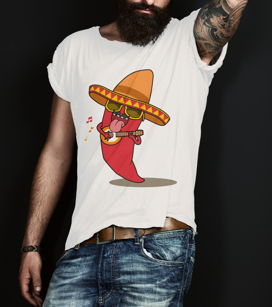 Mexican Chili Pepper Playing Guitar In Sombrero T-Shirt