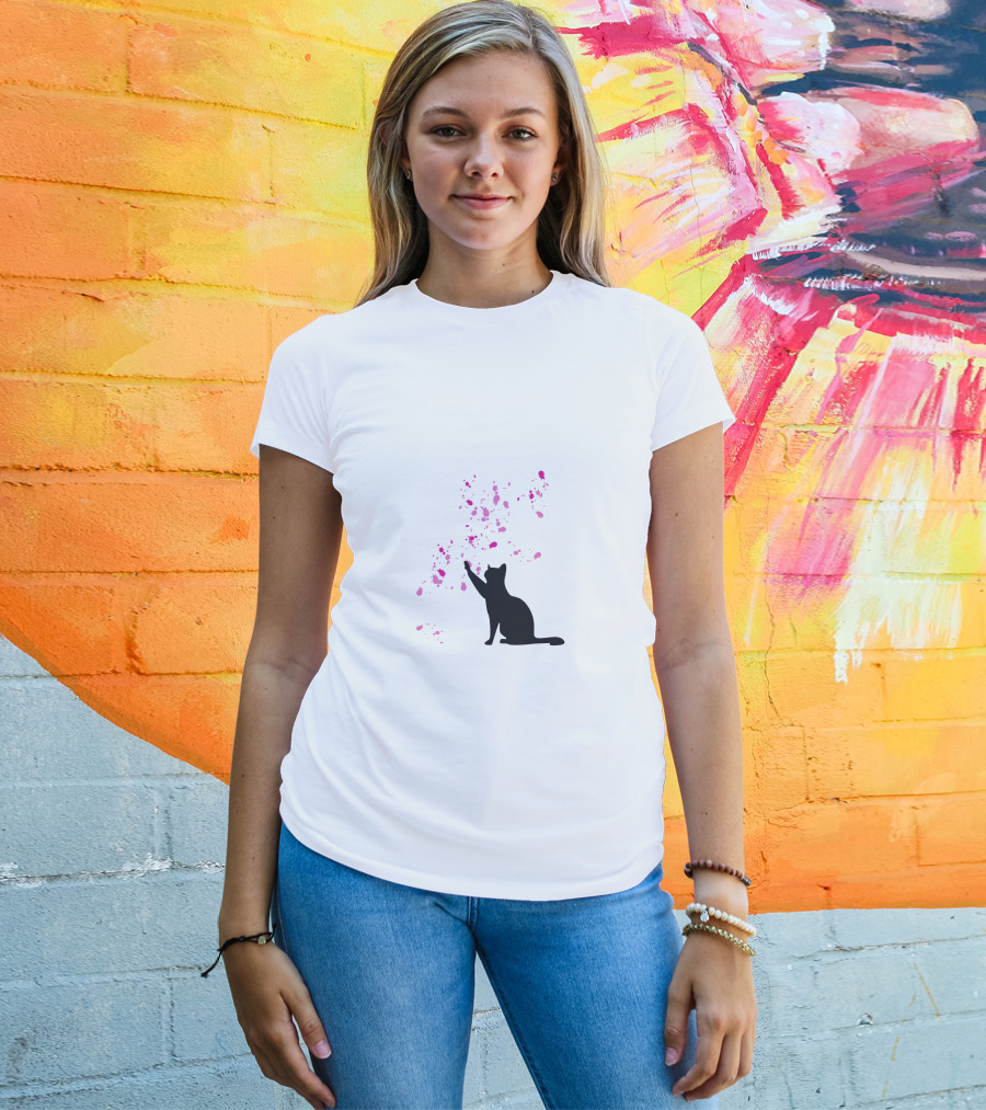 Cat And Pink Splatter Blooms T-Shirt