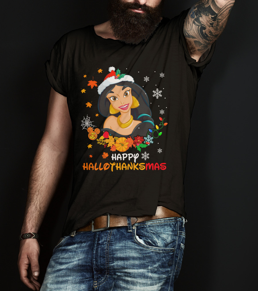 Jasmine Happy Hallothanksmas Snowflakes Autumn Leaves Santa Hat T-Shirt