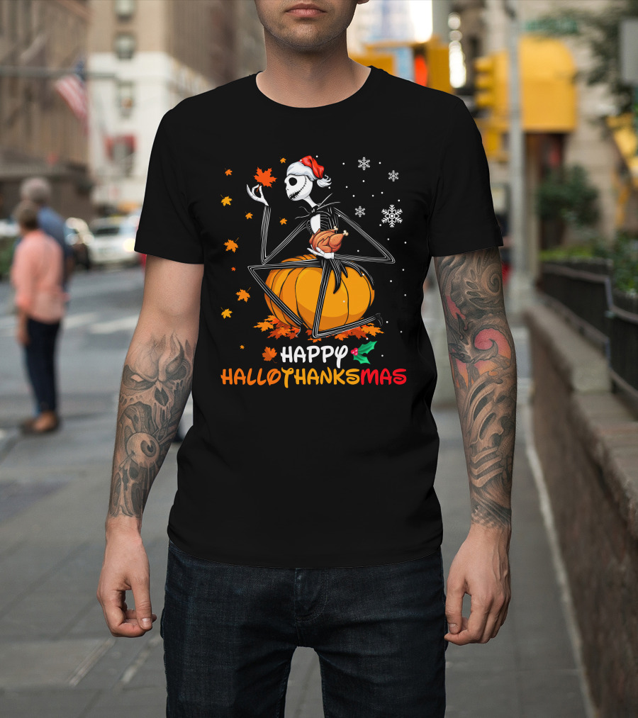 Happy Hallowthanksmas Jack Skellington Pumpkin Turkey Snowflakes T-Shirt