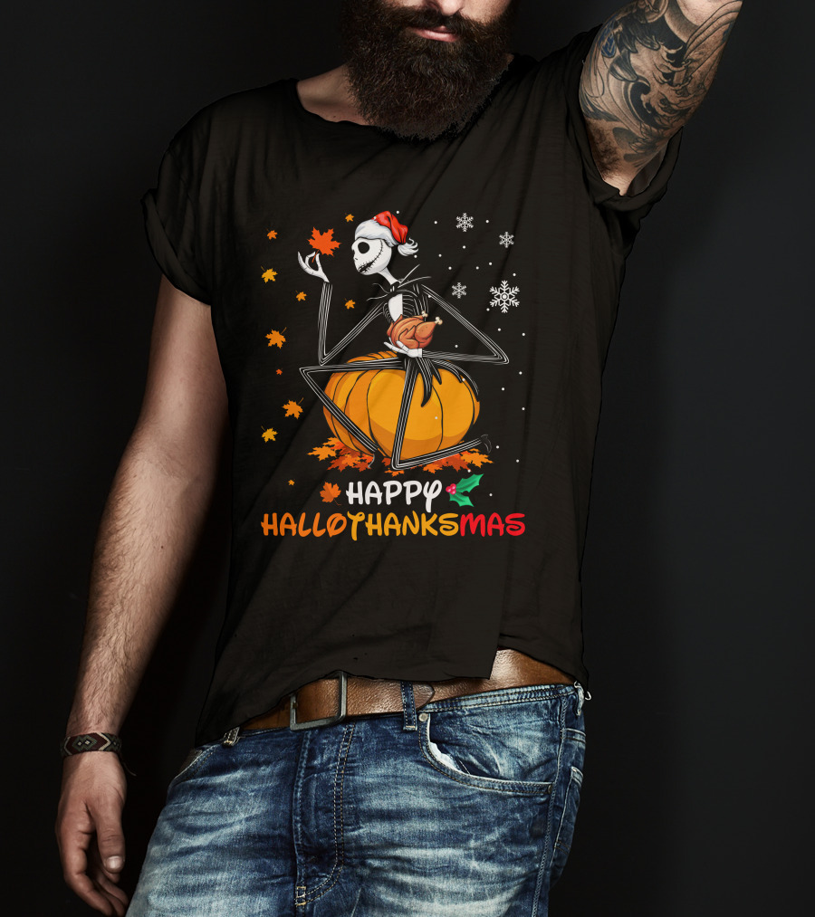 Happy Hallowthanksmas Jack Skellington Pumpkin Turkey Snowflakes T-Shirt