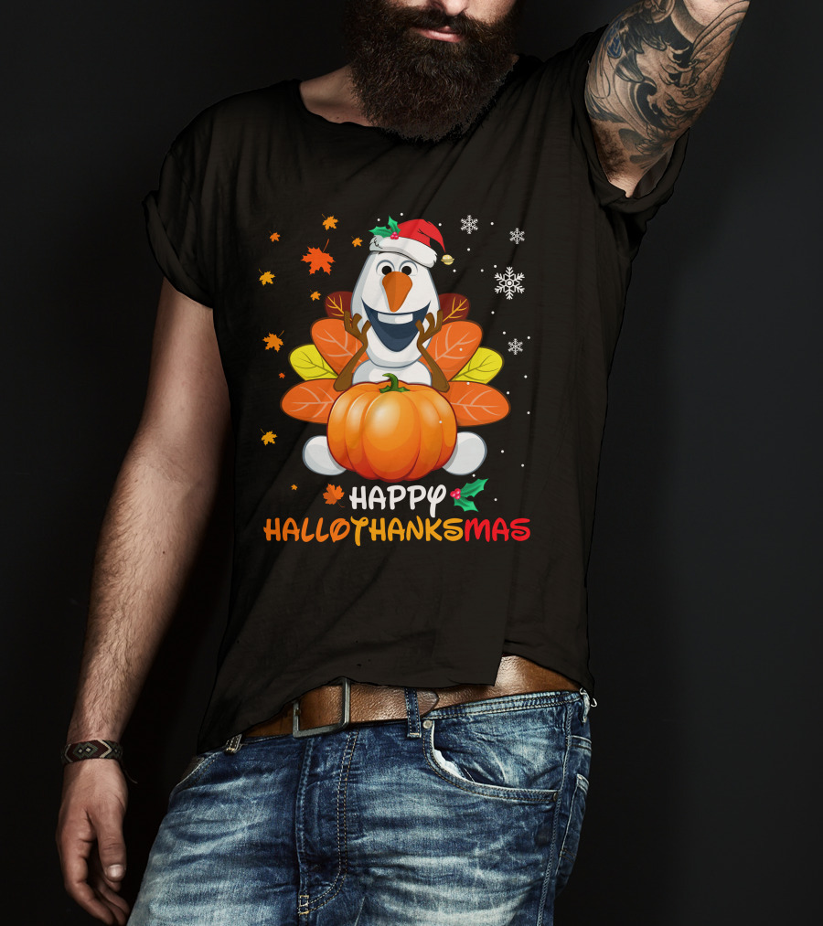 Happy Hallothanksmas Olaf Pumpkin Snowman Santa Hat Snowflakes T-Shirt