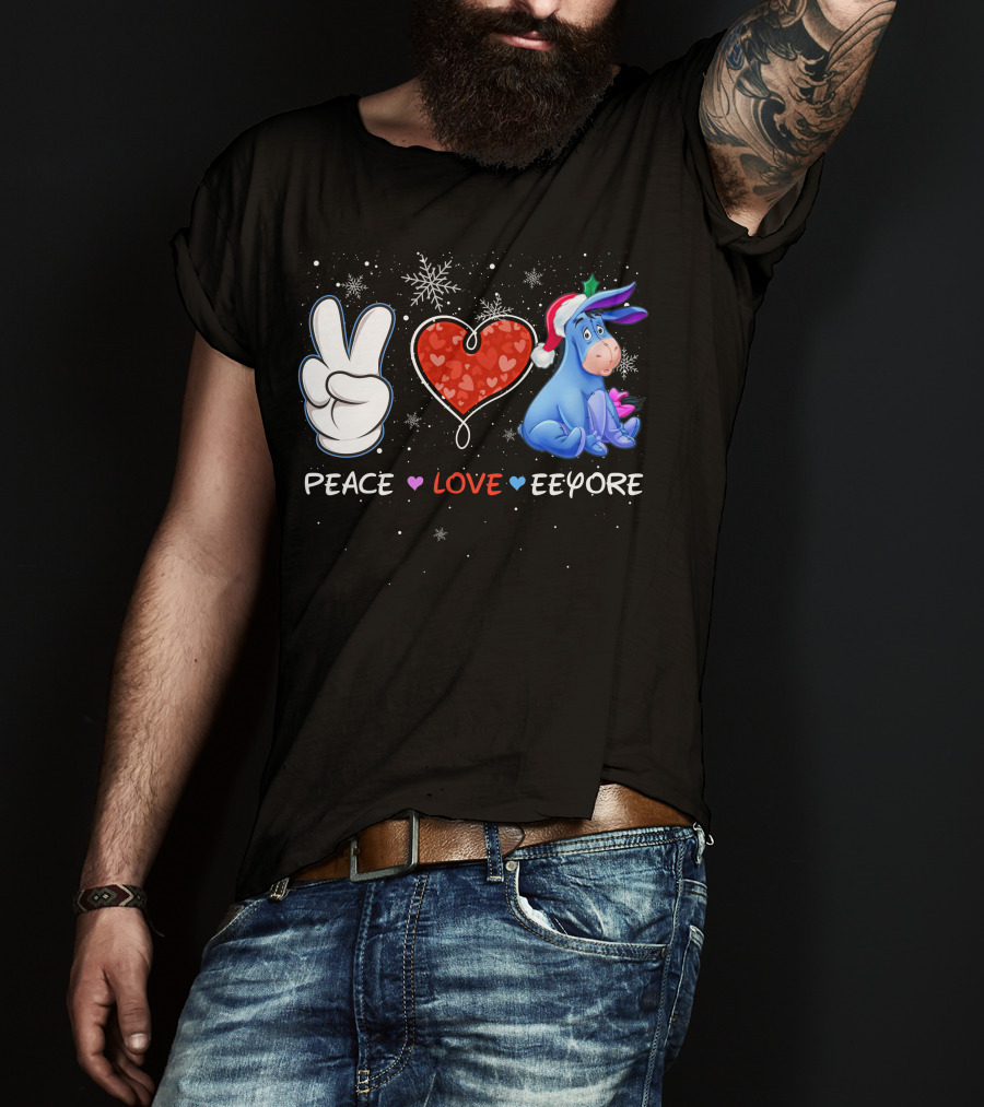 Peace Love Eeyore Santa Hat Winter Snowflakes T-Shirt