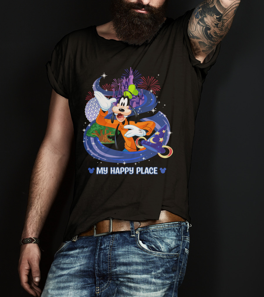 Goofy My Happy Place Disney Fireworks Epcot Sorcerer Mickey's Hat T-Shirt