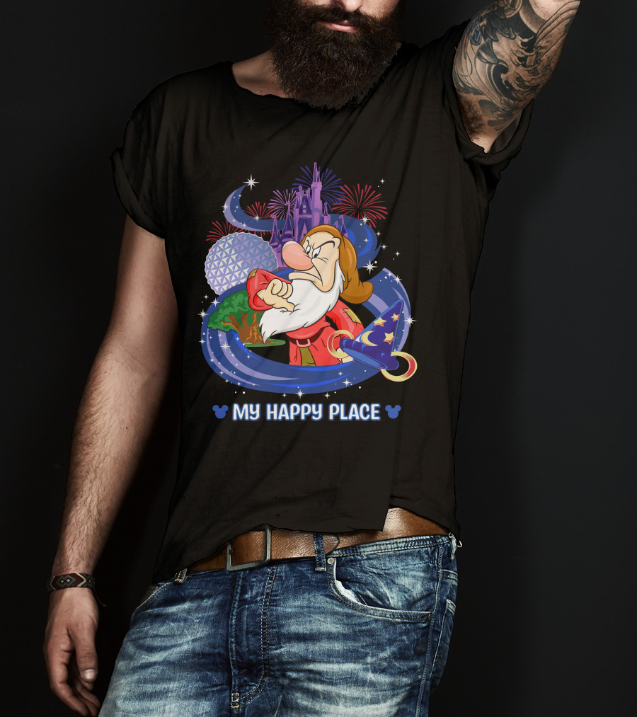 Grumpy My Happy Place Disney World Fireworks Mickey Ears T-Shirt