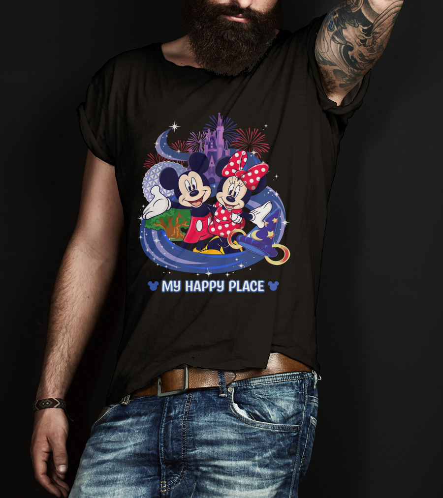 Mickey Minnie My Happy Place Disney Castle Fireworks T-Shirt