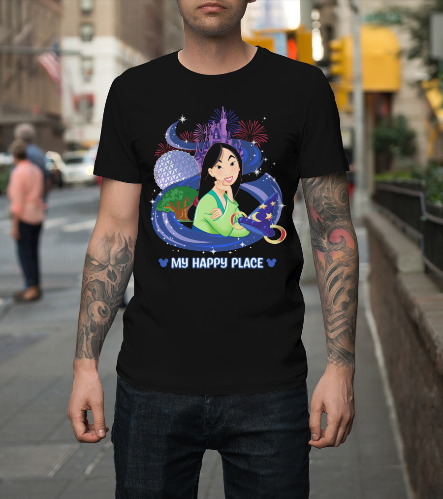 Mulan My Happy Place With Fireworks And Disney World Elements T-Shirt