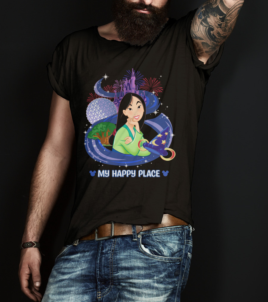 Mulan My Happy Place With Fireworks And Disney World Elements T-Shirt