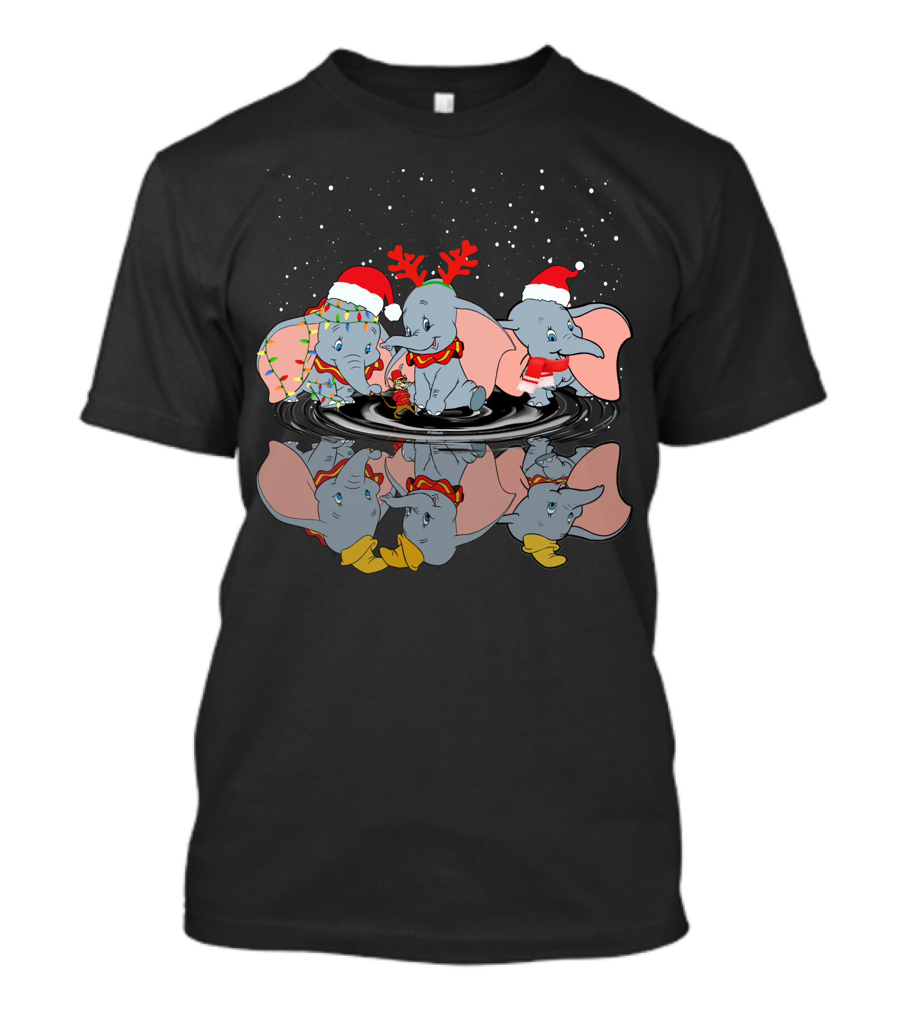 Dumbo Christmas Santa Hats And Reindeer Antlers Snowy Night T-Shirt