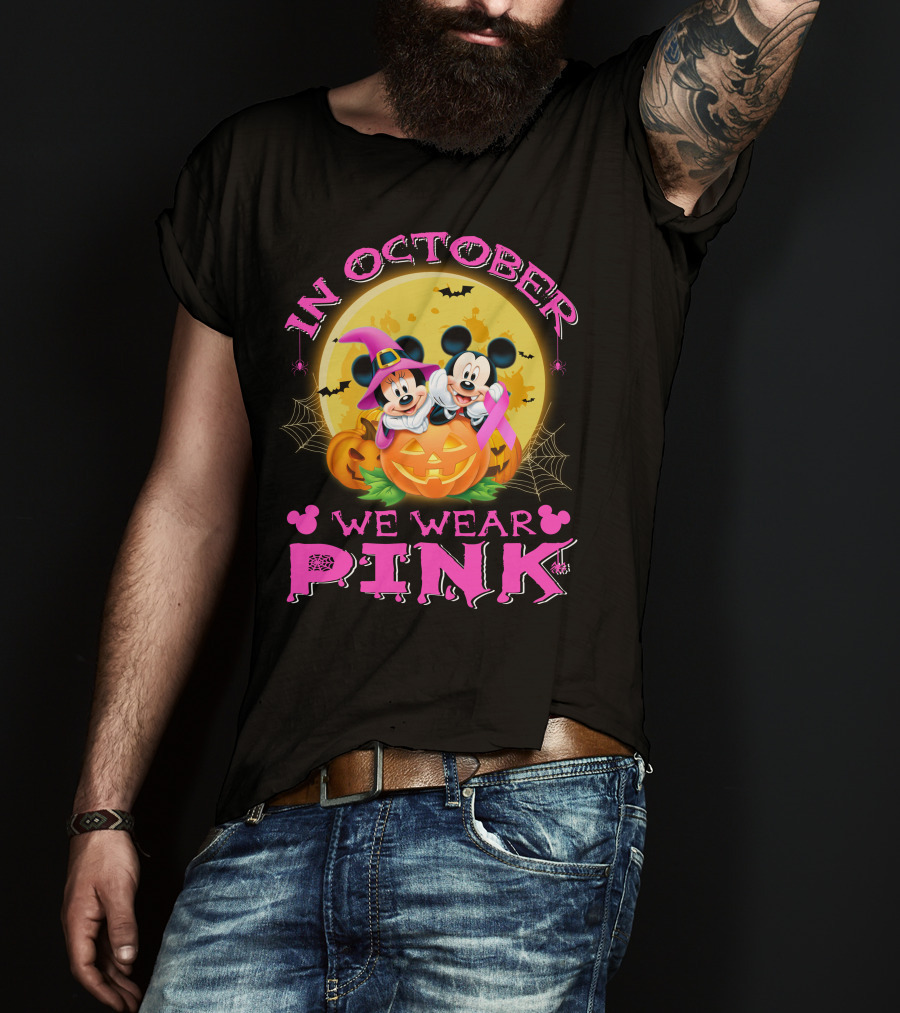 In October We Wear Pink Mickey And Minnie Halloween Pumpkin T-Shirt
