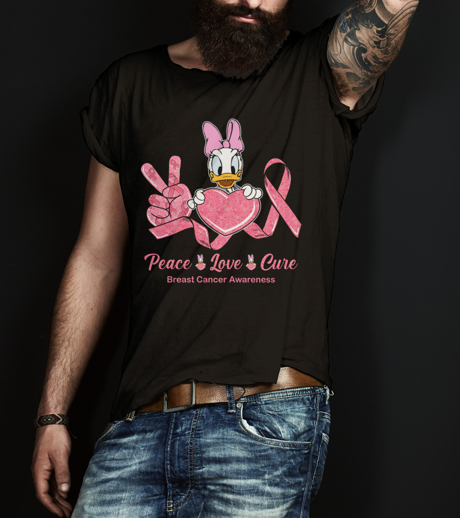 Peace Love Cure Breast Cancer Awareness Daisy Duck Pink Ribbon T-Shirt