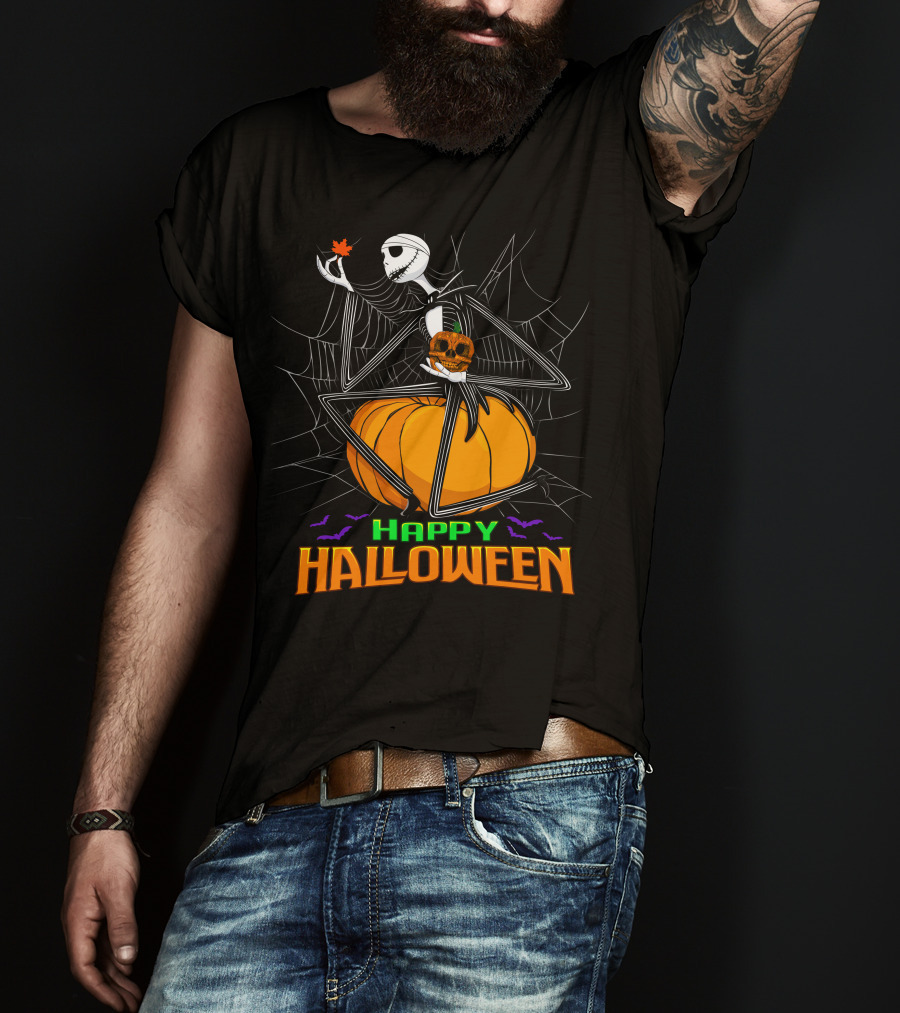 Happy Halloween Jack Skellington Pumpkin Bat Spiderweb T-Shirt