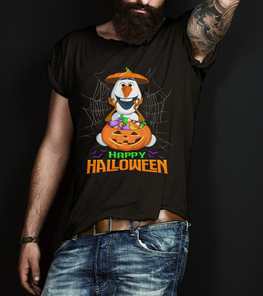 Olaf Happy Halloween With Pumpkin And Candy Basket T-Shirt