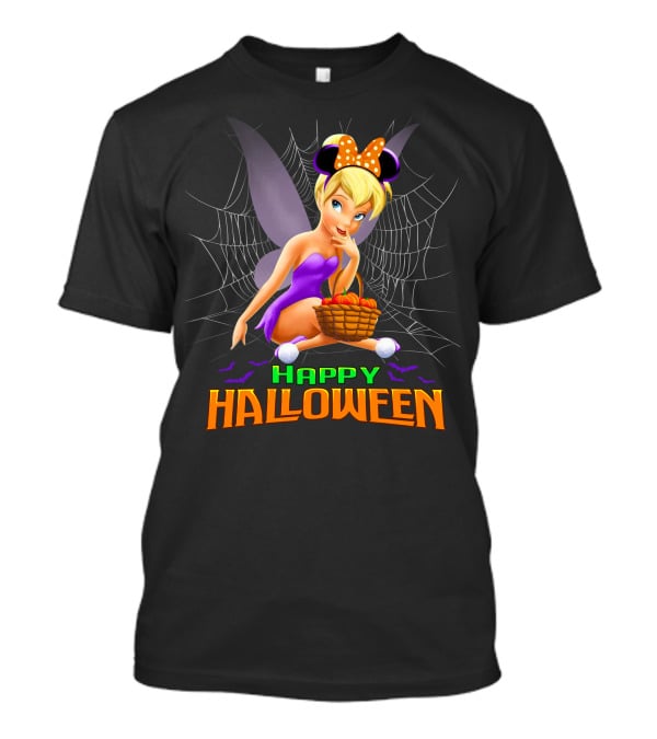 Tinker Bell Happy Halloween Pumpkin Basket With Bat Wings And Spiderweb T-Shirt