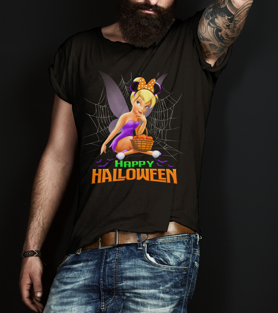 Tinker Bell Happy Halloween Pumpkin Basket With Bat Wings And Spiderweb T-Shirt