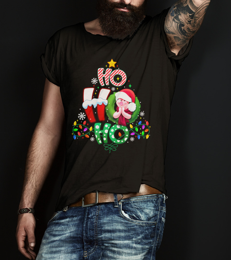Ho Ho Ho Piglet Christmas Lights Snowflakes Santa Hat T-Shirt