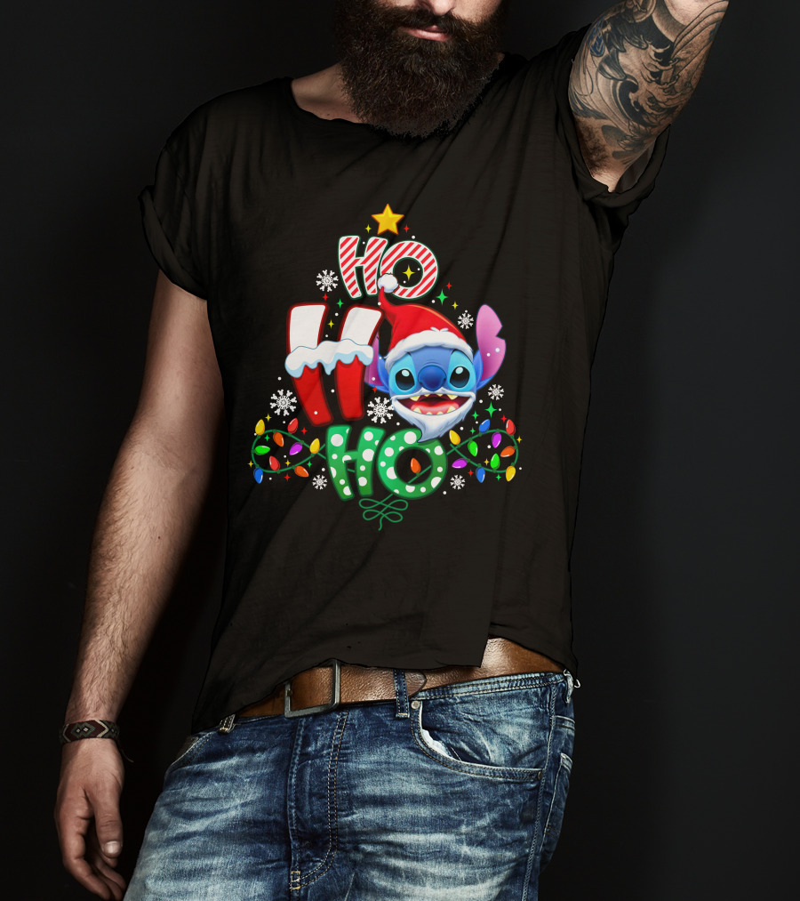 Ho Ho Ho Stitch Christmas Lights Santa Hat T-Shirt