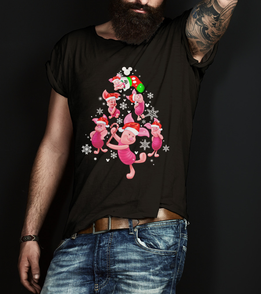 Piglet Christmas Santa Hat Candy Cane Snowflakes Disney Icons T-Shirt