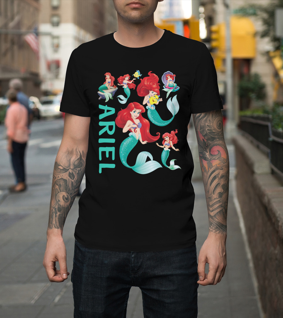 Ariel Little Mermaid With Flounder And Seashell Poses T-Shirt