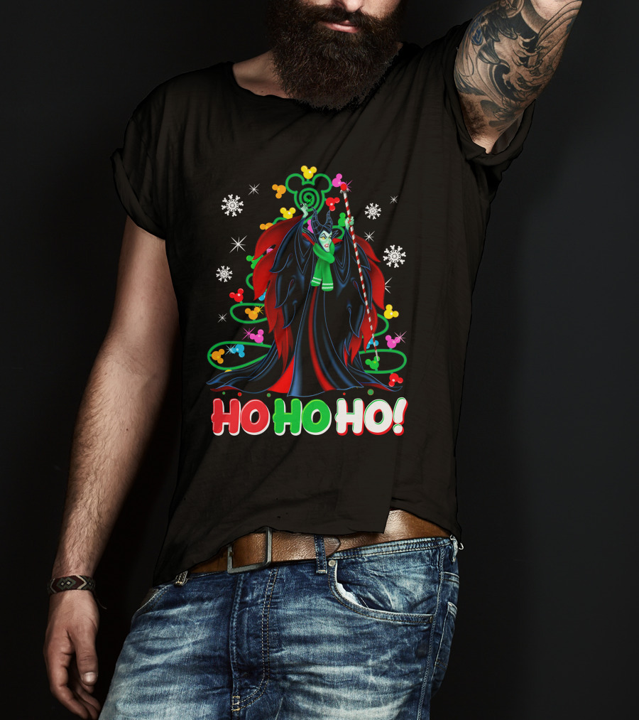 Maleficent Christmas Ho Ho Ho Snowflakes And Mickey Ears T-Shirt