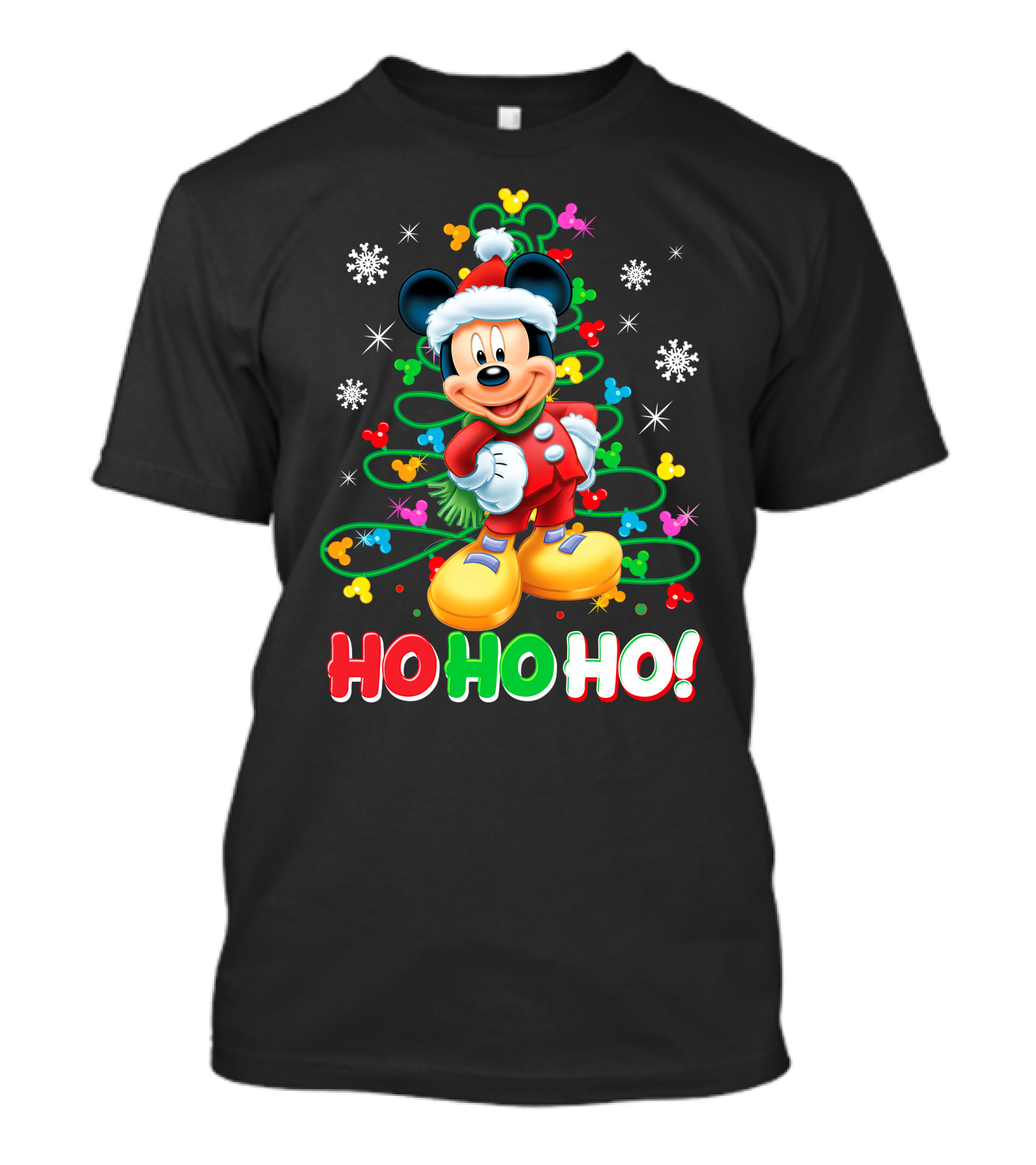 Mickey Mouse Christmas Ho Ho Ho Santa Outfit Snowflakes And Colorful Lights T-Shirt