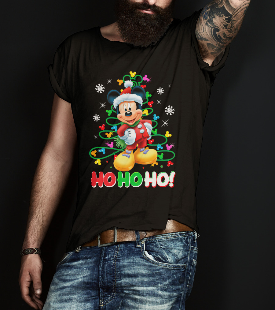 Mickey Mouse Christmas Ho Ho Ho Santa Outfit Snowflakes And Colorful Lights T-Shirt