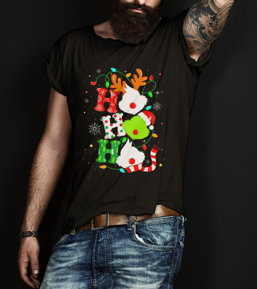Ho Ho Ho Grinch Christmas Lights Reindeer Antlers Santa Hat Snowflakes T-Shirt
