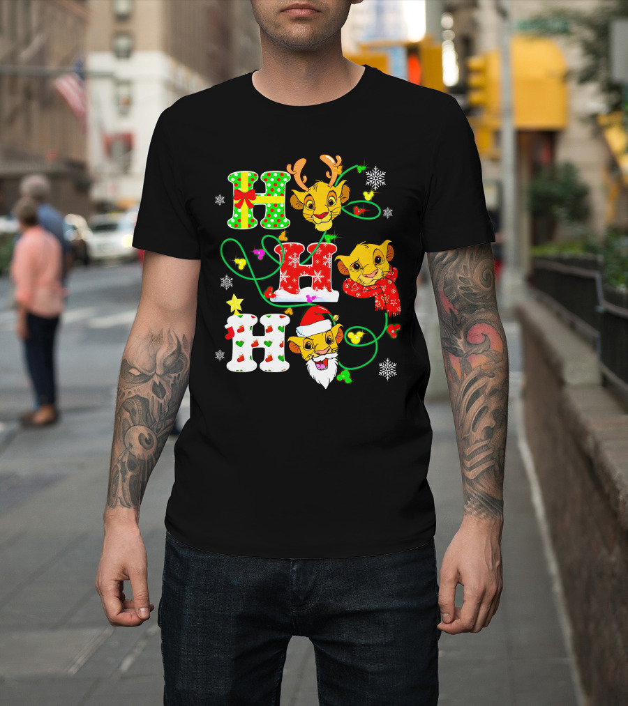 Ho Ho Ho Christmas Simba With Reindeer And Santa Hat T-Shirt