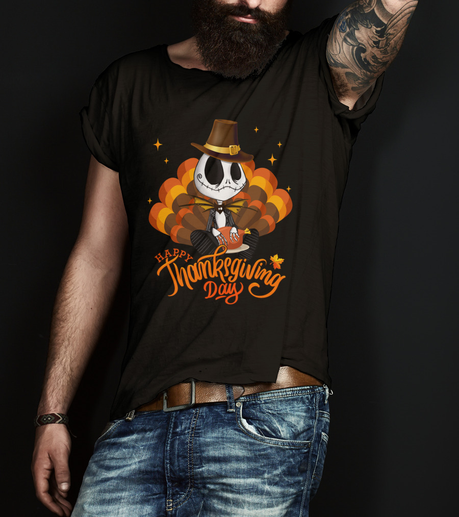 Happy Thanksgiving Day Jack Skellington With Pumpkin Turkey Hat T-Shirt