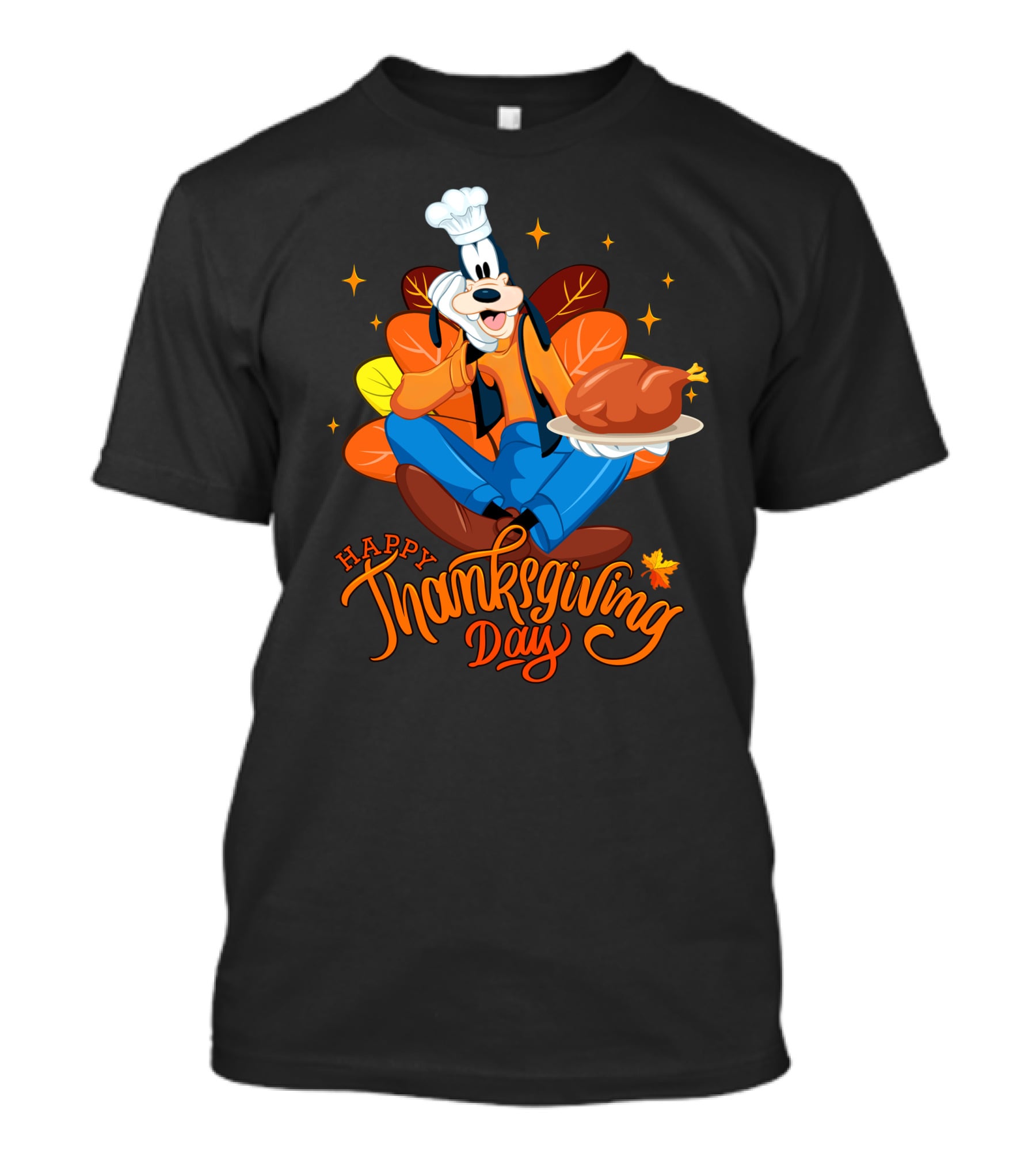 Goofy Happy Thanksgiving Day Chef With Turkey And Autumn Leaves T-Shirt