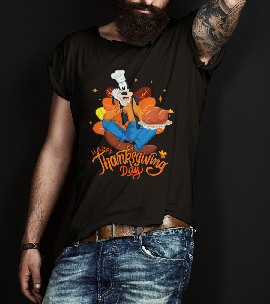 Goofy Happy Thanksgiving Day Chef With Turkey And Autumn Leaves T-Shirt