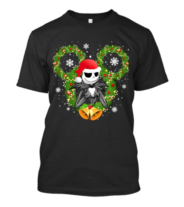 Jack Skellington Santa Hat Christmas Wreath Mickey Ears T-Shirt