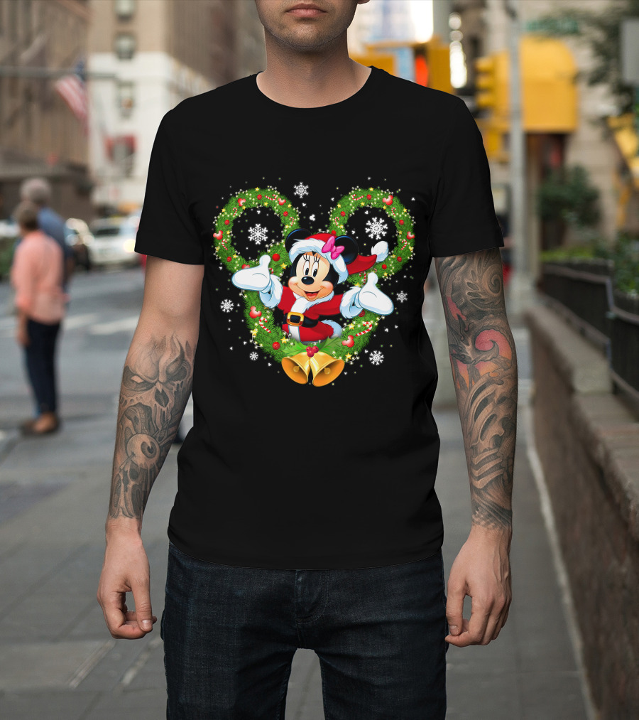 Minnie Mouse Christmas Wreath Santa Snowflakes Bow Bells T-Shirt