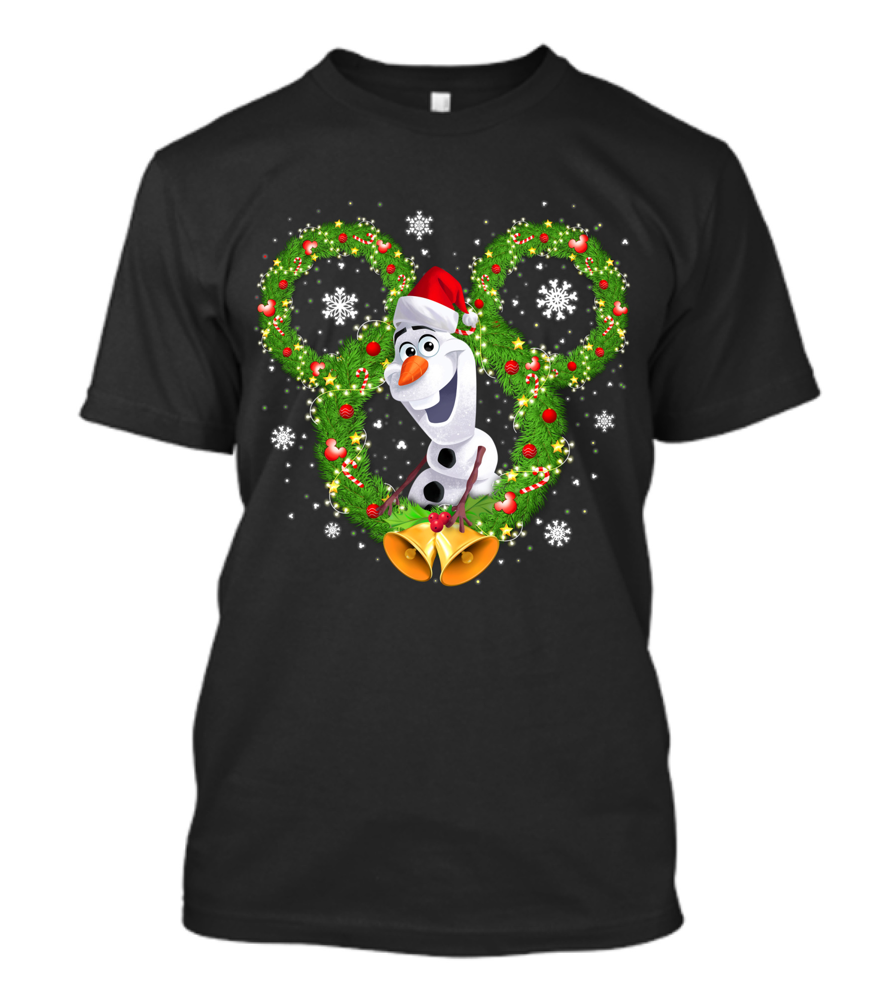 Olaf Frozen Christmas Mickey Wreath With Snowflakes And Santa Hat T-Shirt