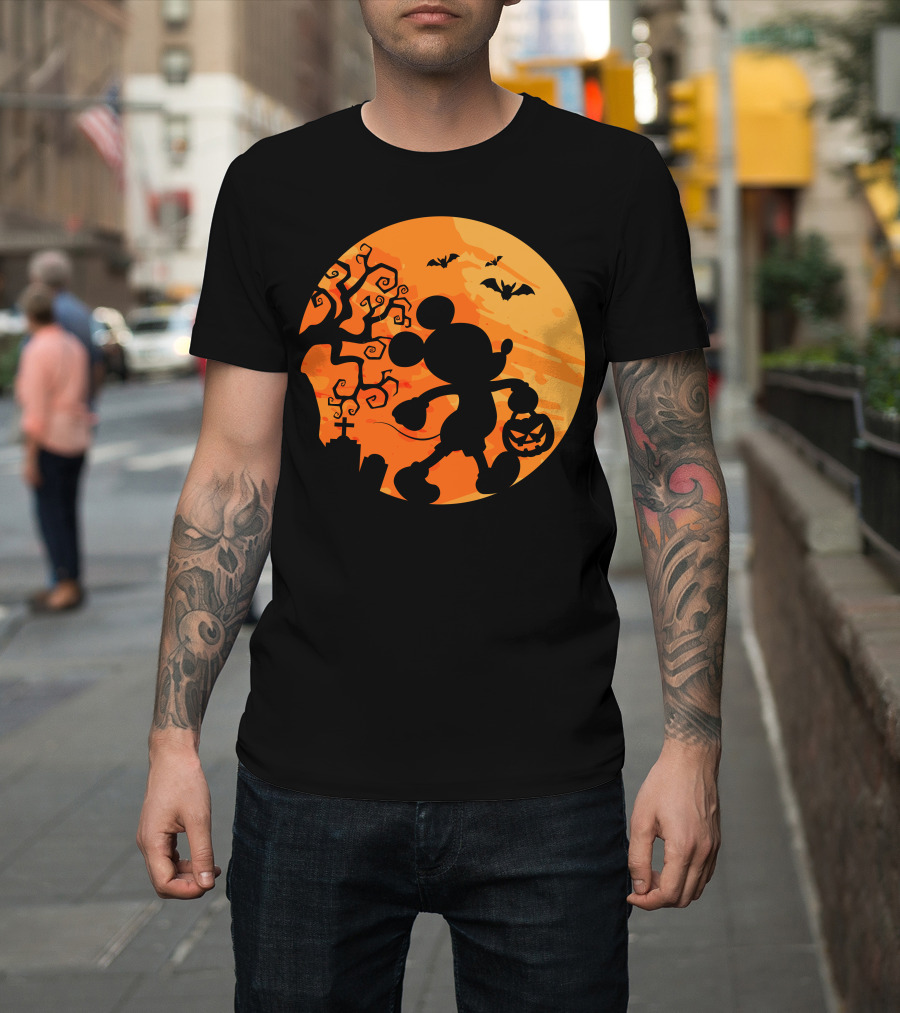 Halloween 54 Mickey Mouse Silhouette With Pumpkin And Bats T-Shirt