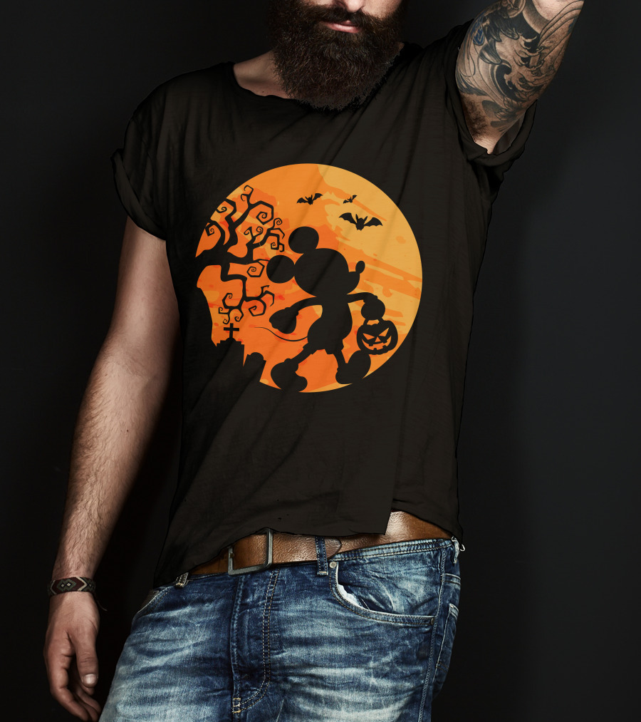 Halloween 54 Mickey Mouse Silhouette With Pumpkin And Bats T-Shirt