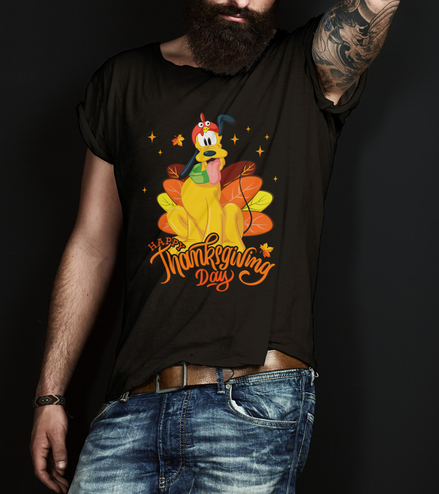 Happy Thanksgiving Day Pluto Turkey Costume Autumn Leaves Stars T-Shirt