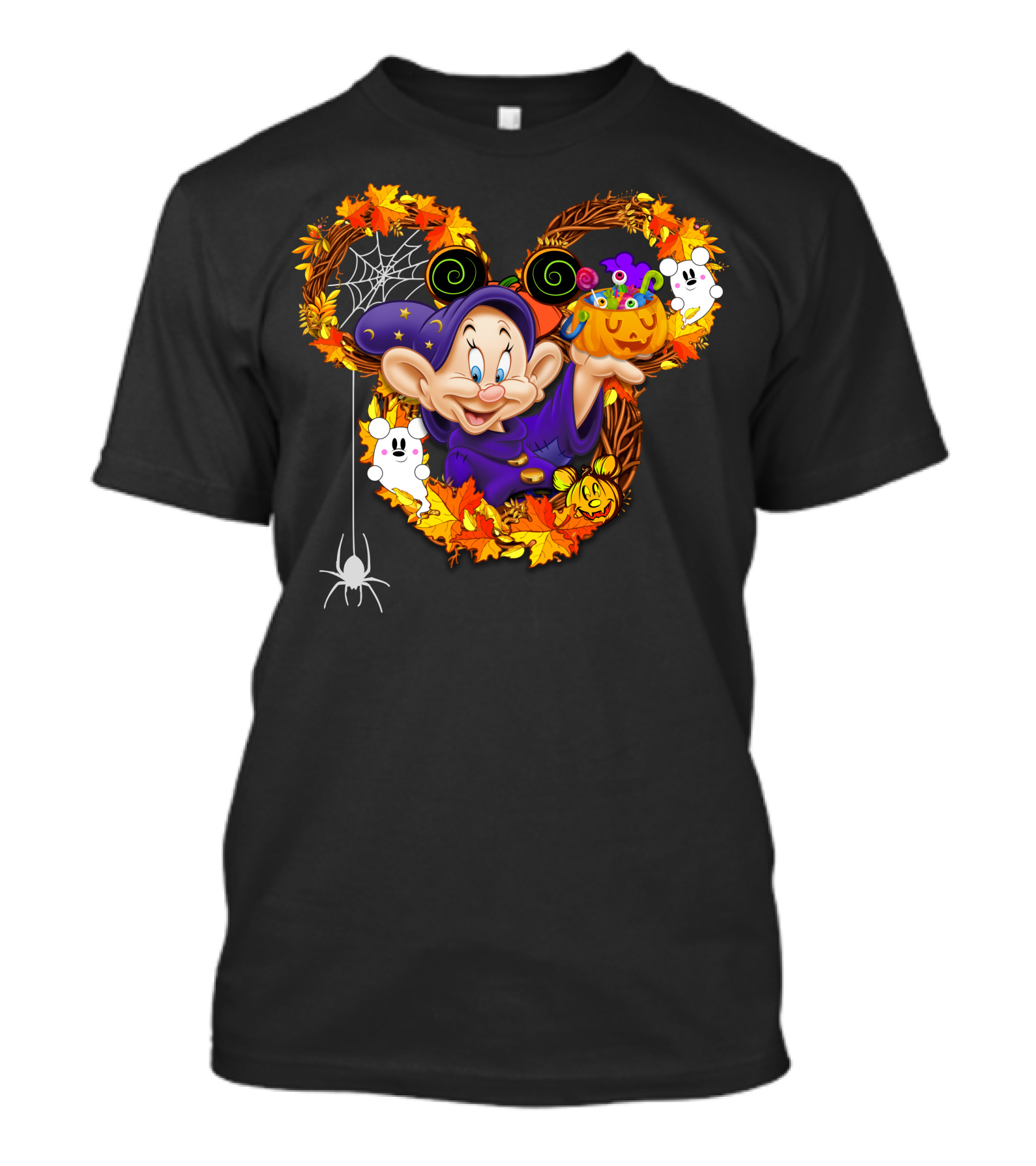 Dopey Halloween Mickey Ears Autumn Leaves Ghosts And Pumpkins T-Shirt