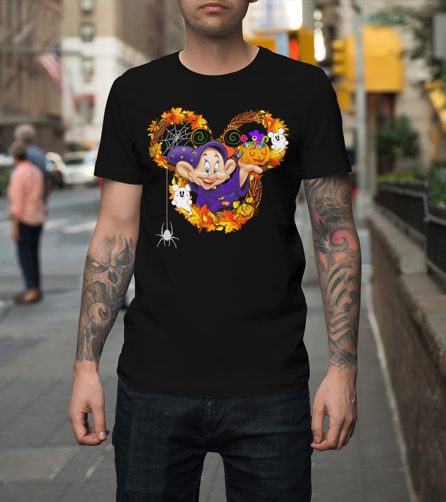 Dopey Halloween Mickey Ears Autumn Leaves Ghosts And Pumpkins T-Shirt