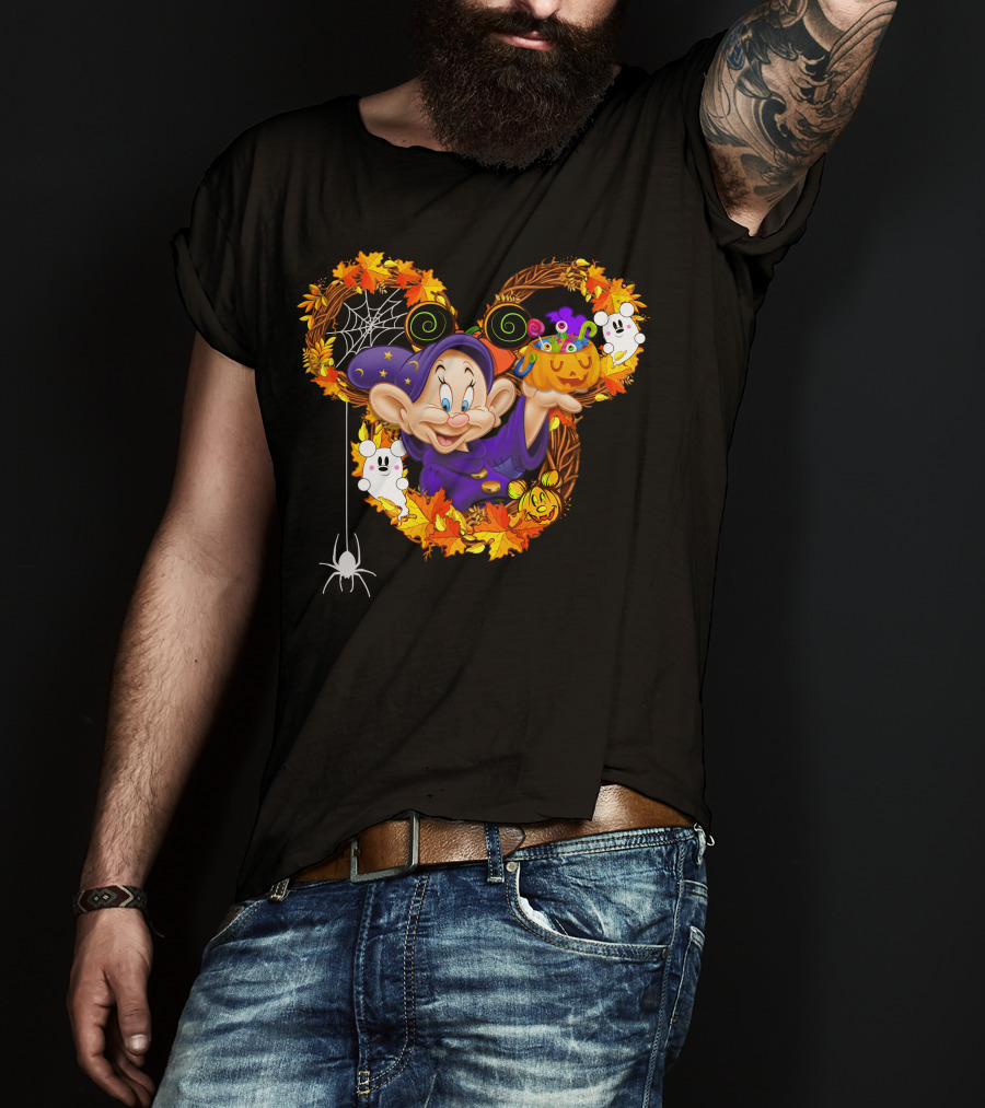Dopey Halloween Mickey Ears Autumn Leaves Ghosts And Pumpkins T-Shirt